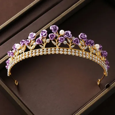 Luxury Crystal Purple Rose Flower Princess Crown